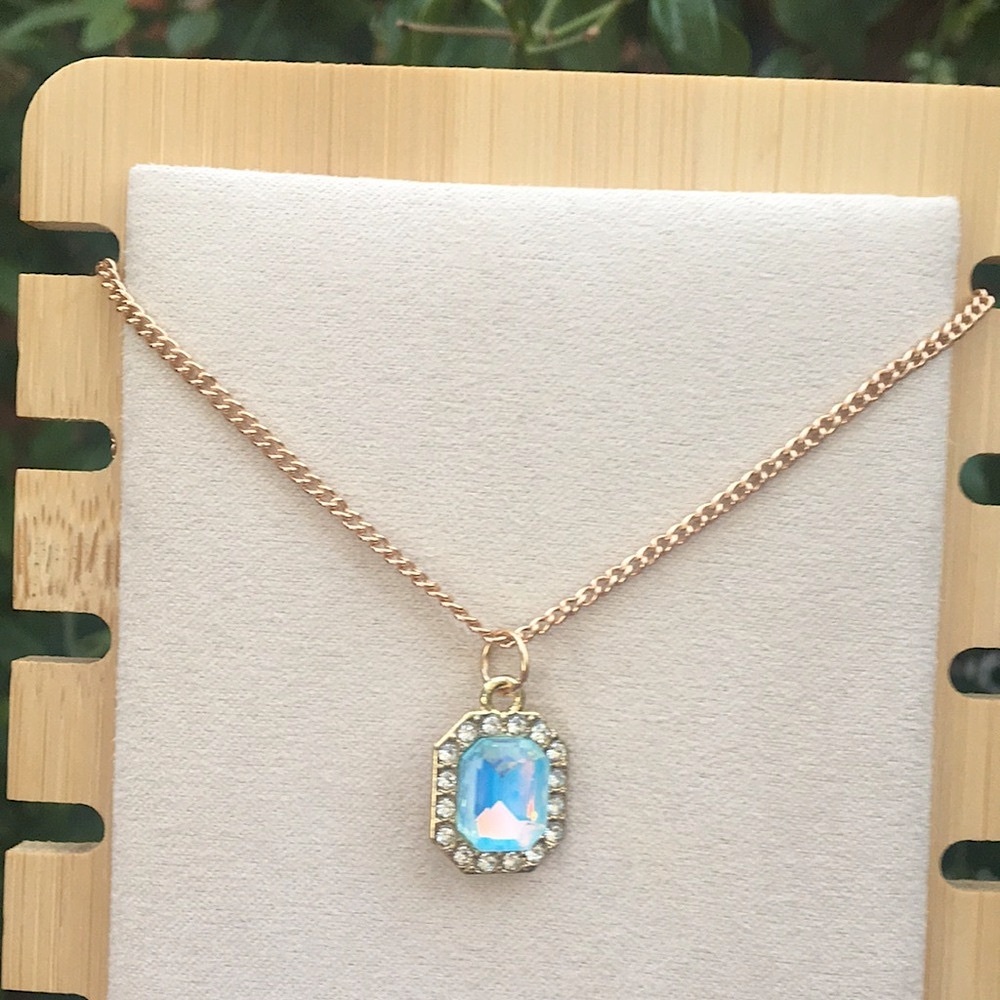 Aquamarine Aurora Borealis Opal Emerald Crystal Halo Pendant Necklace - Picture 4 of 5
